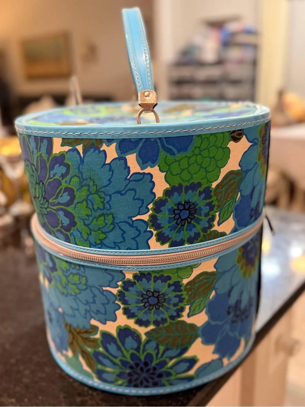 Vintage 60s Flower Power Floral Wig Travel Case Mod Blue Hat Box Storage